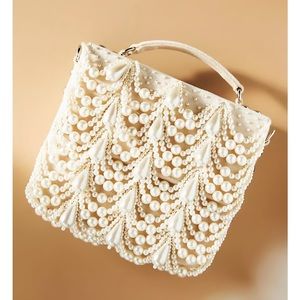 Zhuu x BHLDN Anthropologie Pearl Fringe Velvet Off White Holiday Wedding Handbag